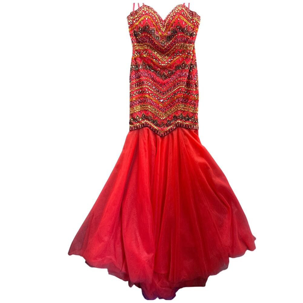 Angela & Alison Watermelon Beaded Strapless Mermaid Prom Formal Dress Women 2